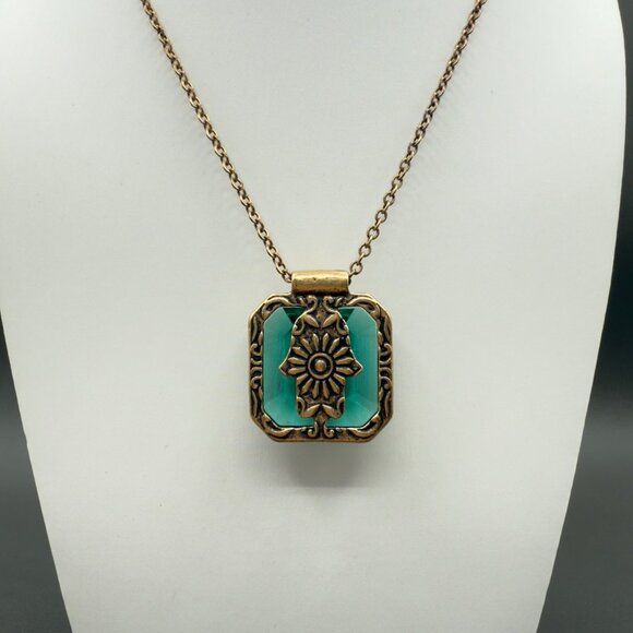 Green Hamsa Hand Pendant Necklace Antique Gold Tone Chain Lucky Brand - Picture 11 of 15